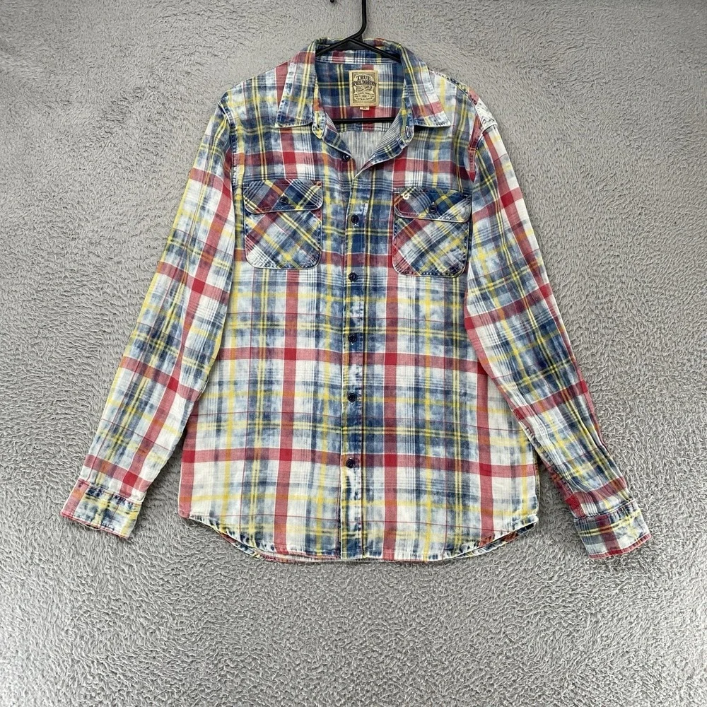 True Religion Western Plaid Shirt Mens XL Acid Wash Long Sleeve Button Up